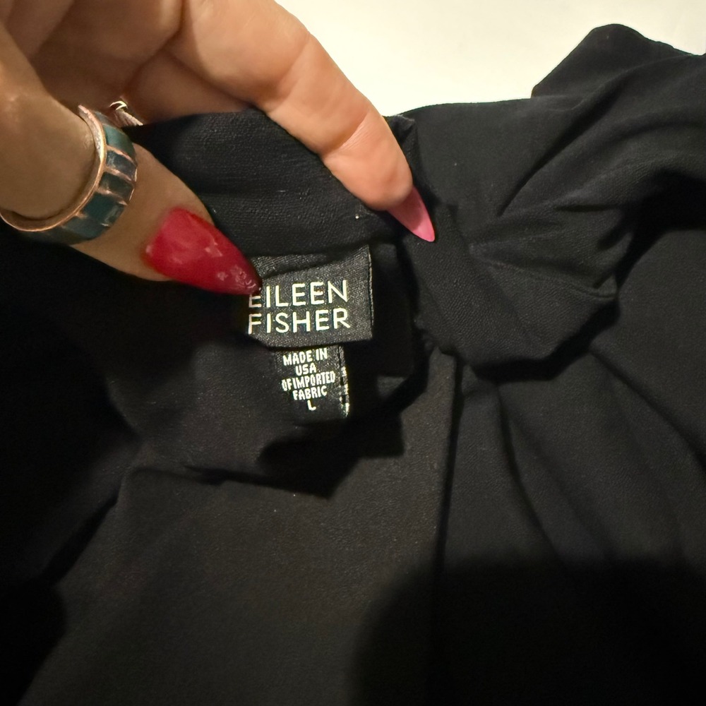 Eileen Fisher Long Line Black Jersey Knit Cardigan L Open Front Pockets Basic - Picture 4 of 10